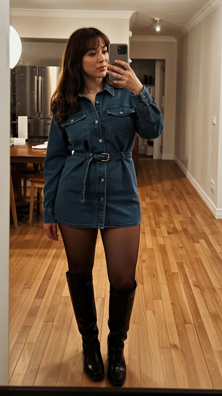 fall outfits for big busted women 2026 belted denim shirt dress