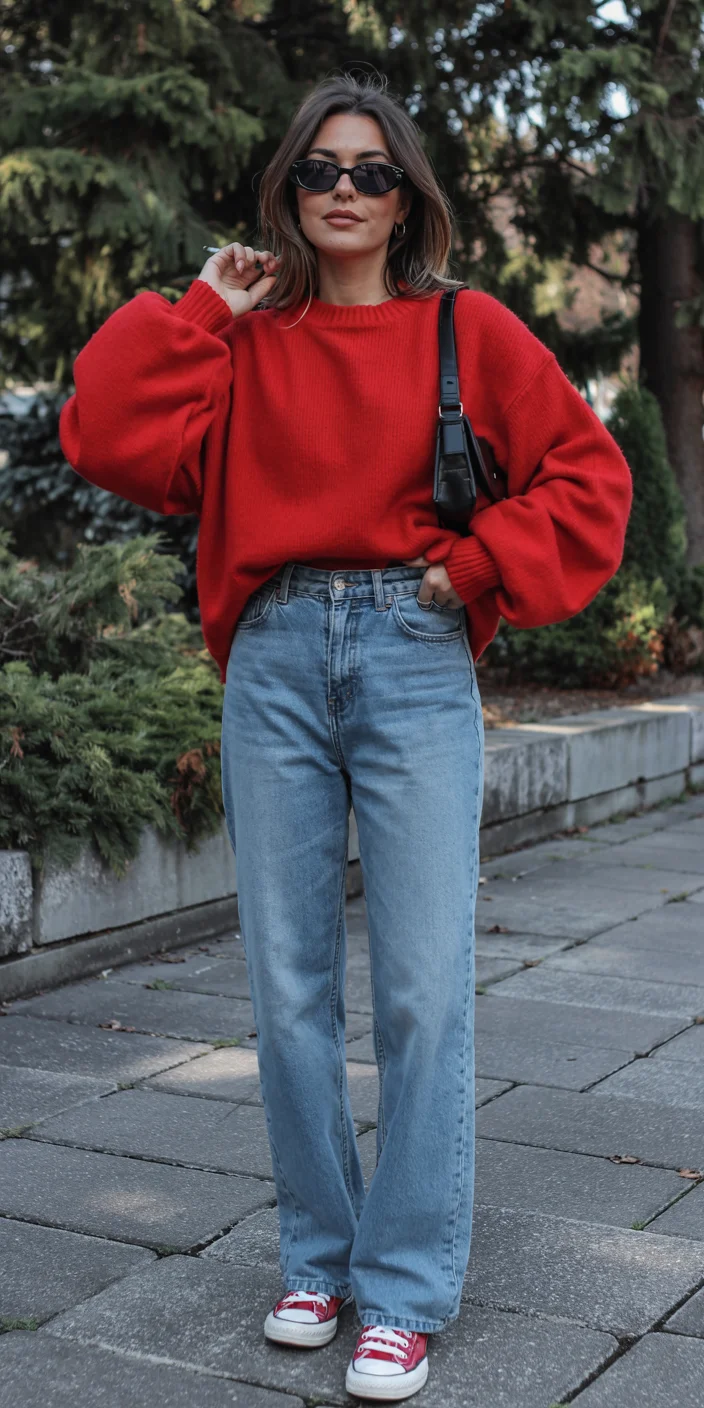 fall outfits for big busted women 2026 red sweater and jeans