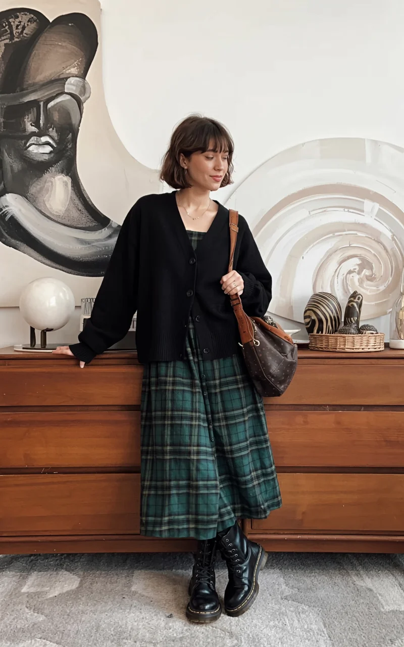 fall outfits for big busted women 2026 plaid dress and cardigan