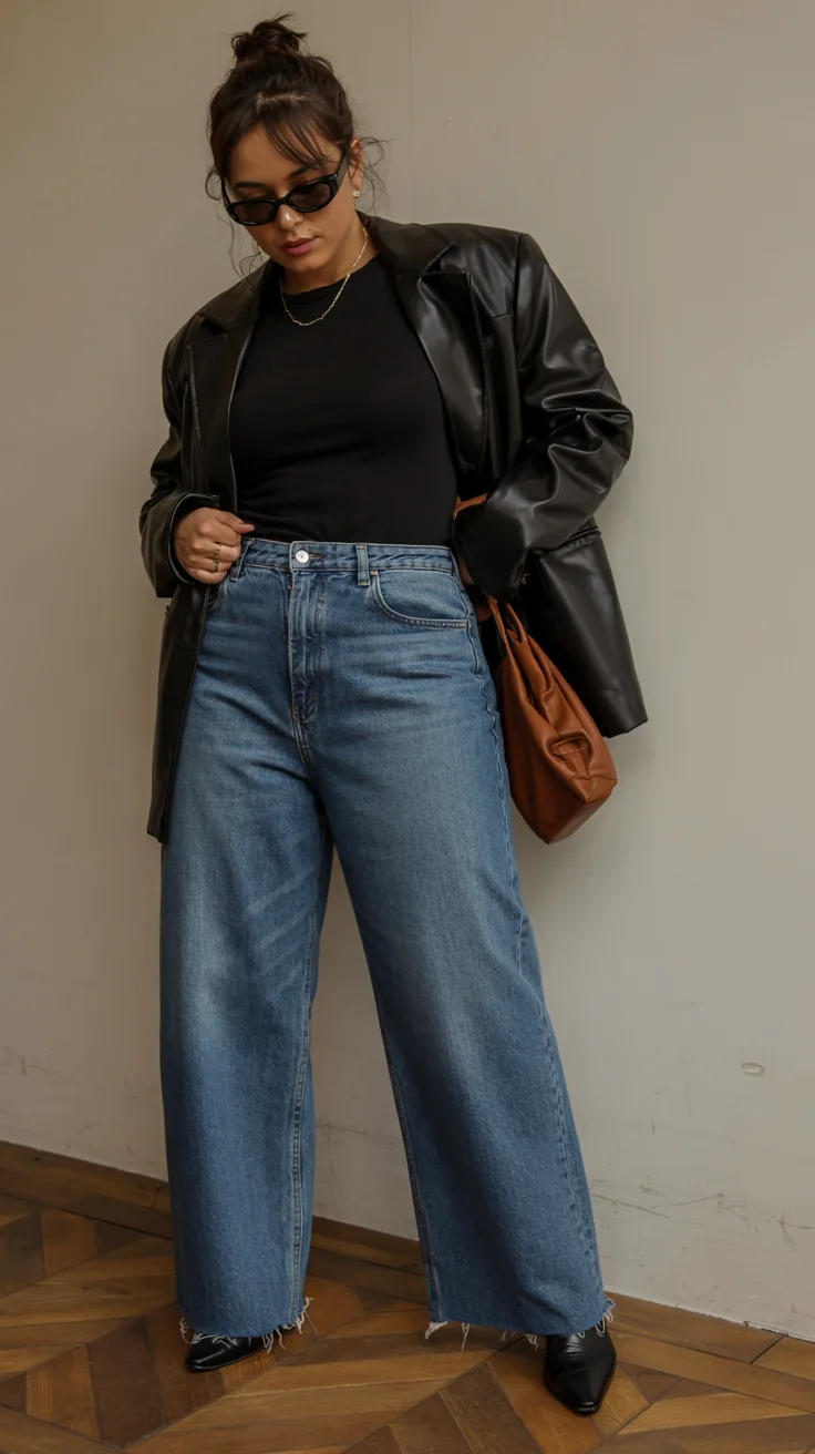 fall outfits for big busted women 2026 leather jacket and wide leg jeans