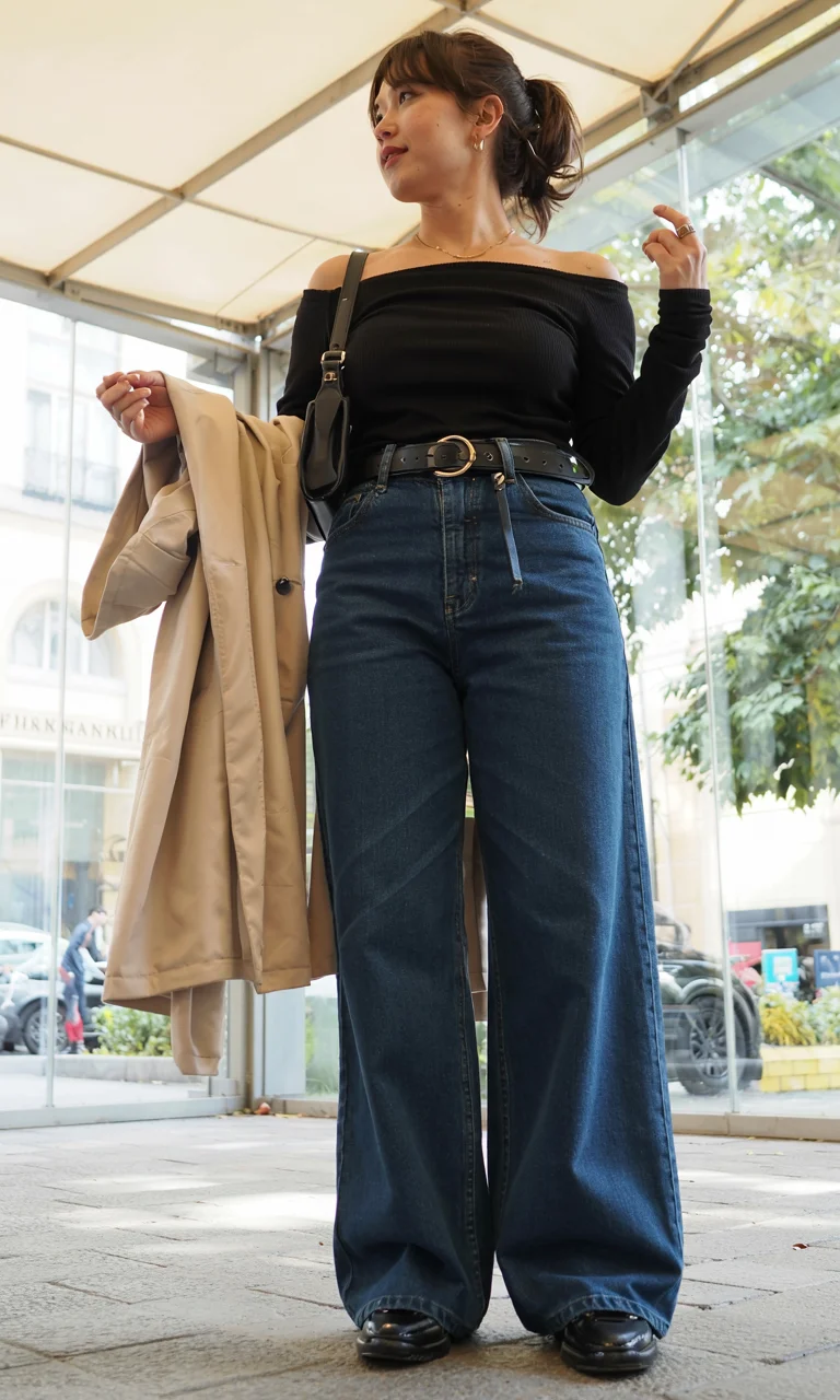 fall outfits for big busted women 2026 off shoulder top and wide leg jeans