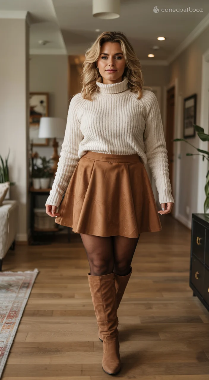 fall outfits for big busted women 2026 caramel skirt and cream sweater