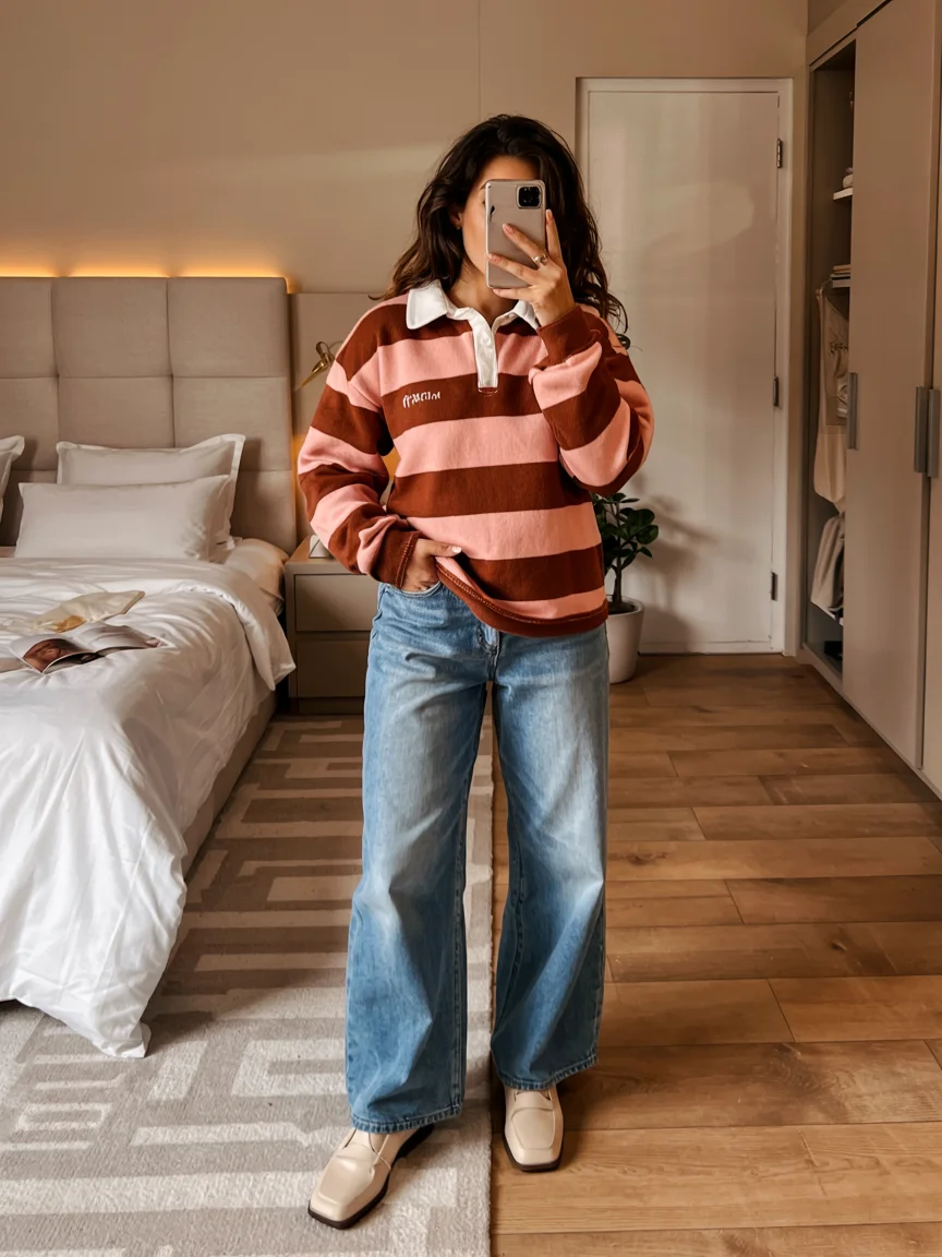fall outfits for big busted women 2026 striped polo sweater and jeans