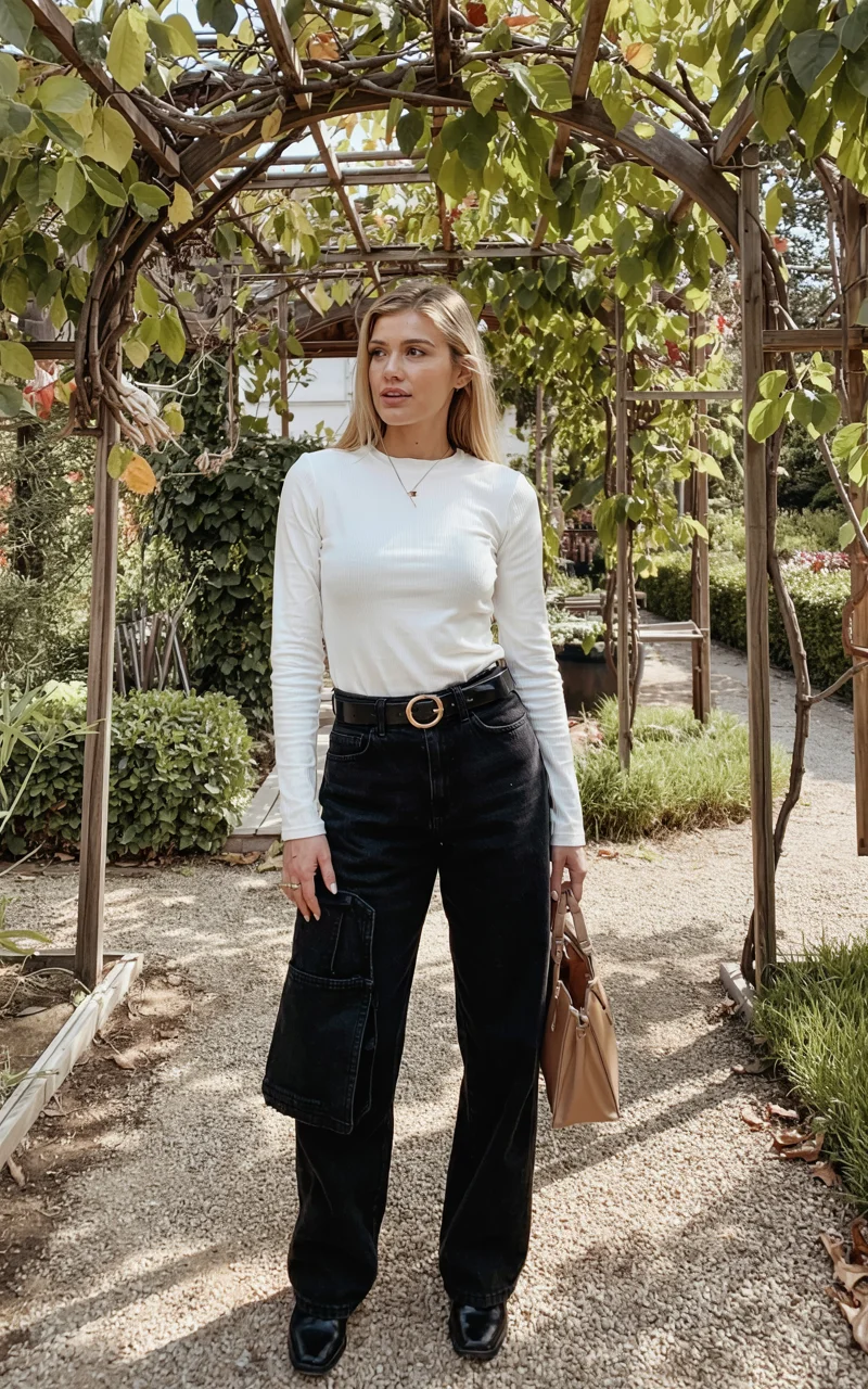fall outfits for big busted women 2026 white longsleeves and cargo pants