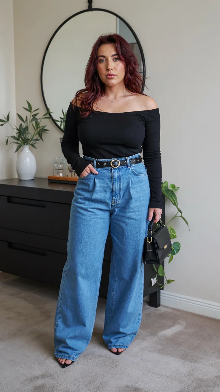 fall outfits for big busted women 2026 off shoulder top and jeans