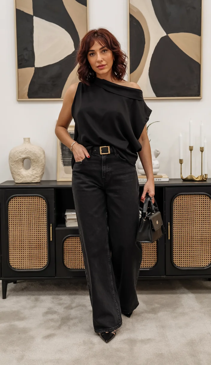 fall outfits for big busted women 2026 modern monochrome black outfit