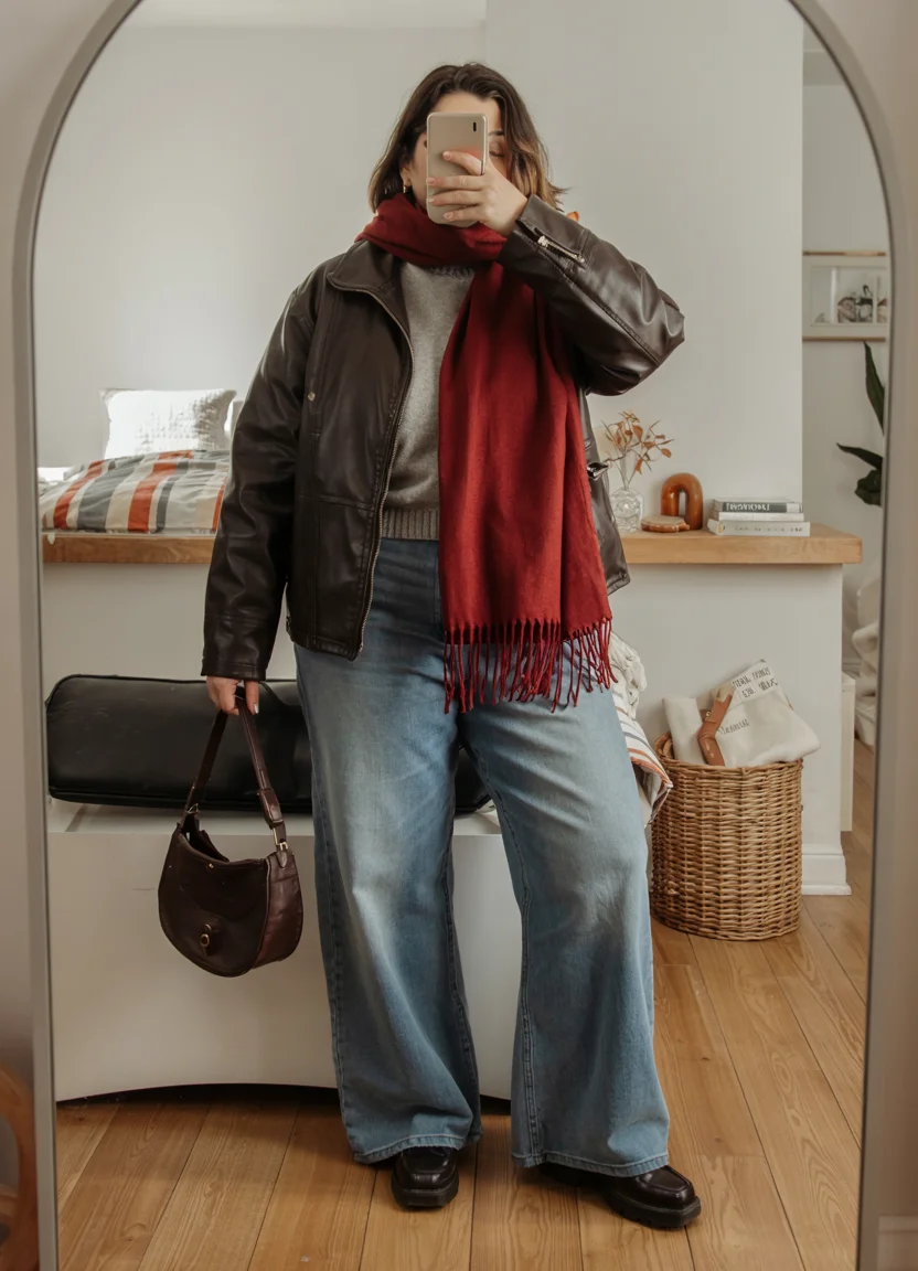 fall outfits for plus size women 2026 Leather Layers and Denim Ease
