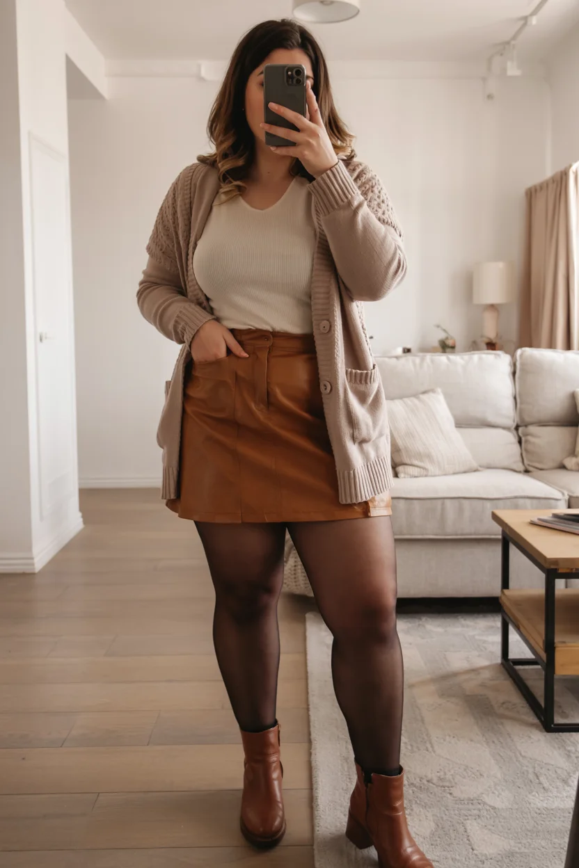 fall outfits for plus size women 2026 Leather Mini Skirt in Soft Autumn Neutrals