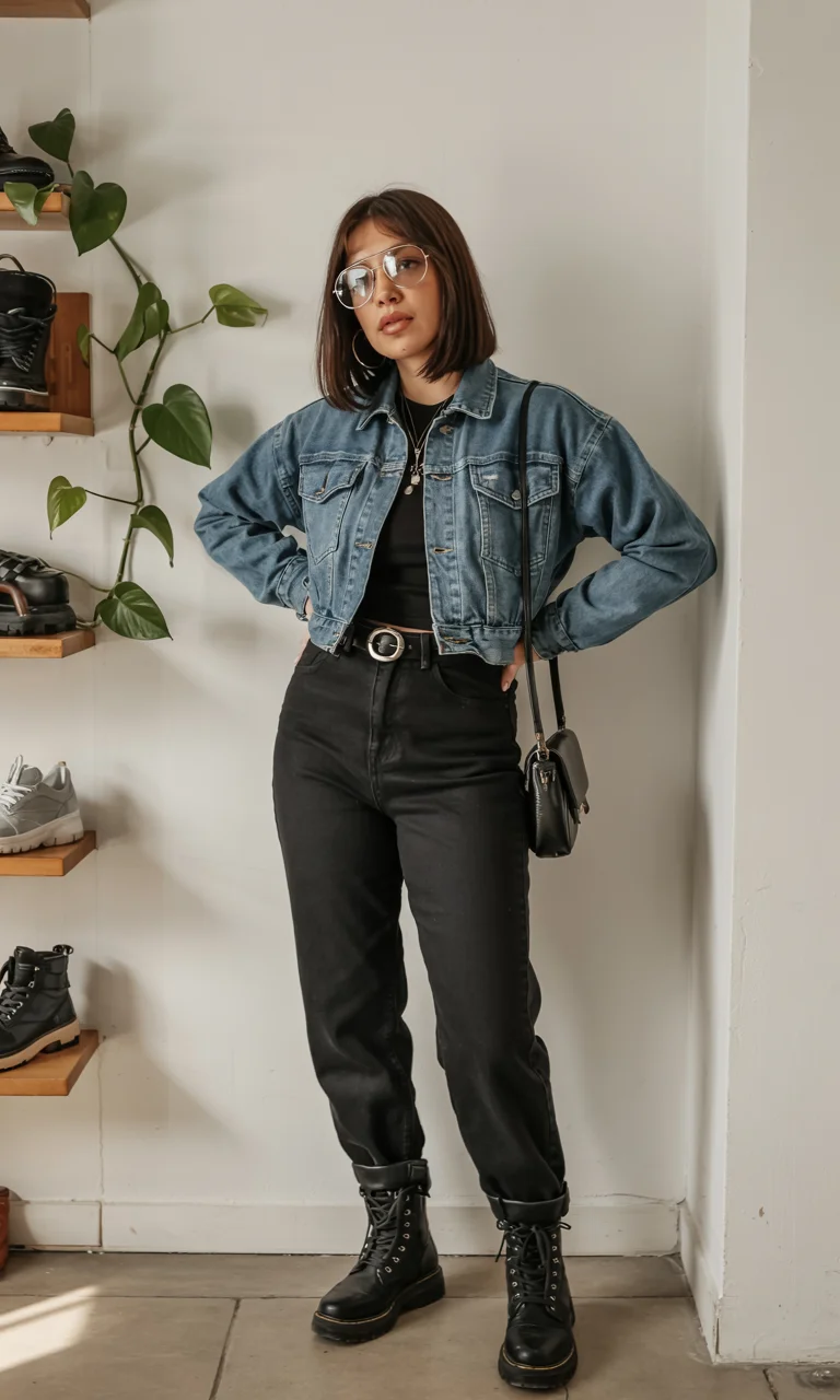 fall outfits for women in 30s style 2026 denim jacket black jeans and boots