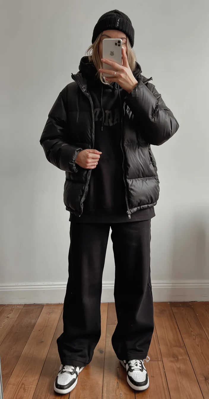 fall outfits for women in 30s style 2026 black puffer jacket streetwear outfit