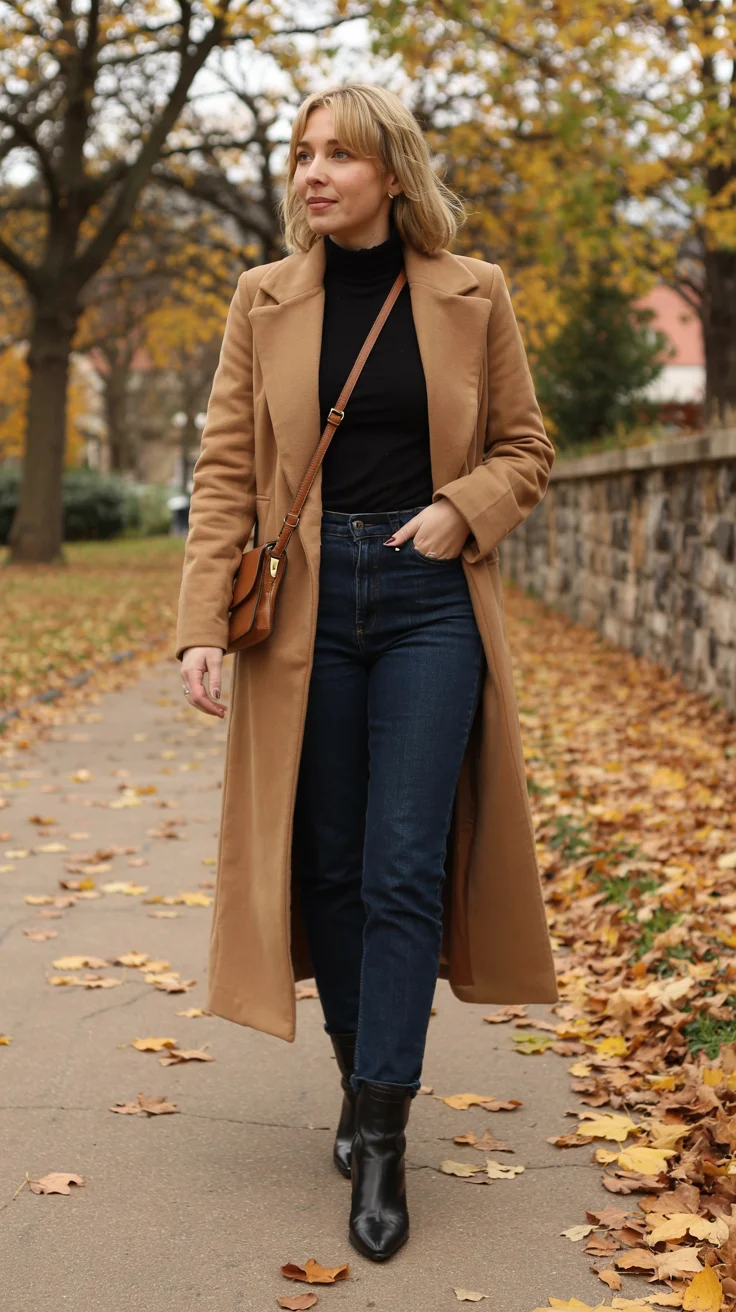 fall outfits for women in 30s style 2026 camel coat and dark denim
