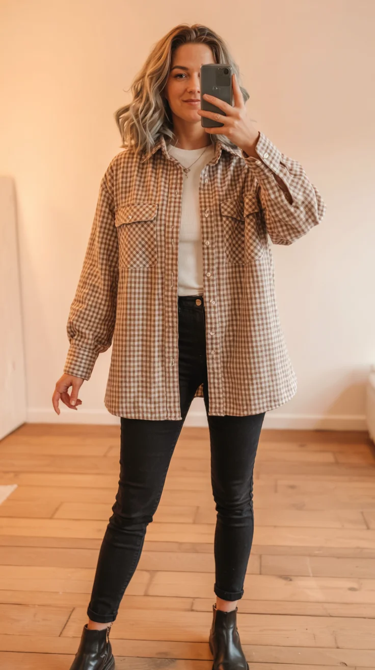 fall outfits for women in 30s style 2026 plaid overshirt and black jeans