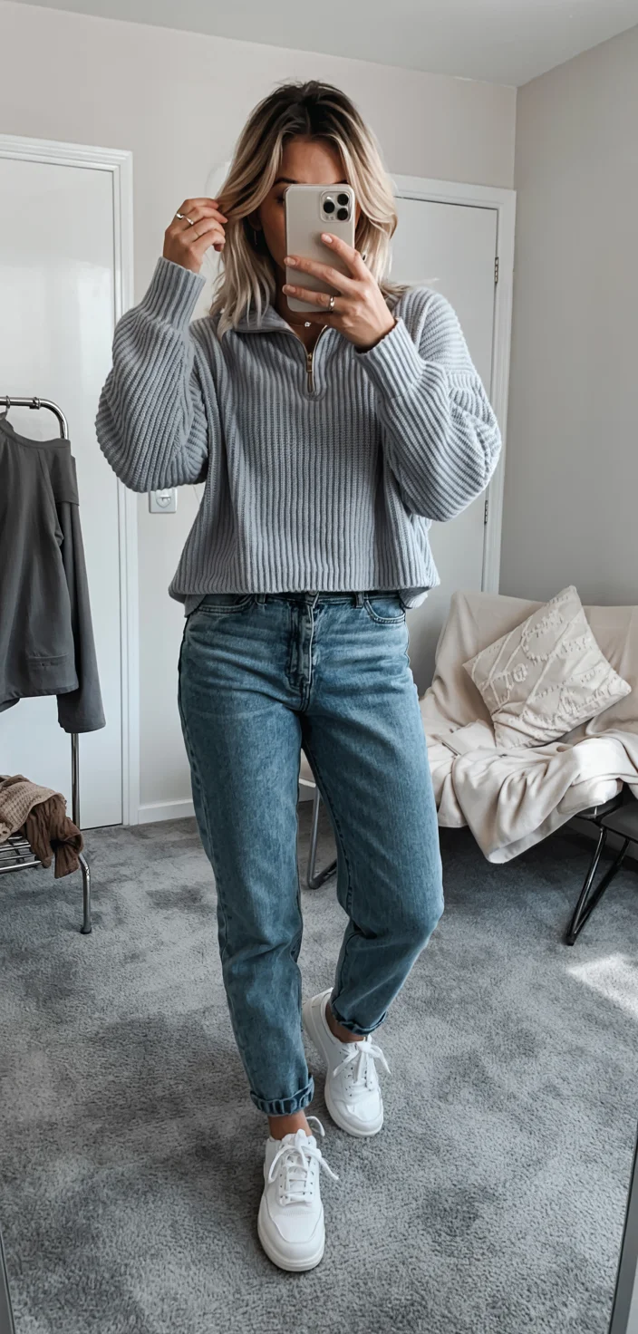 fall outfits for women in 30s style 2026 gray sweater and blue jeans