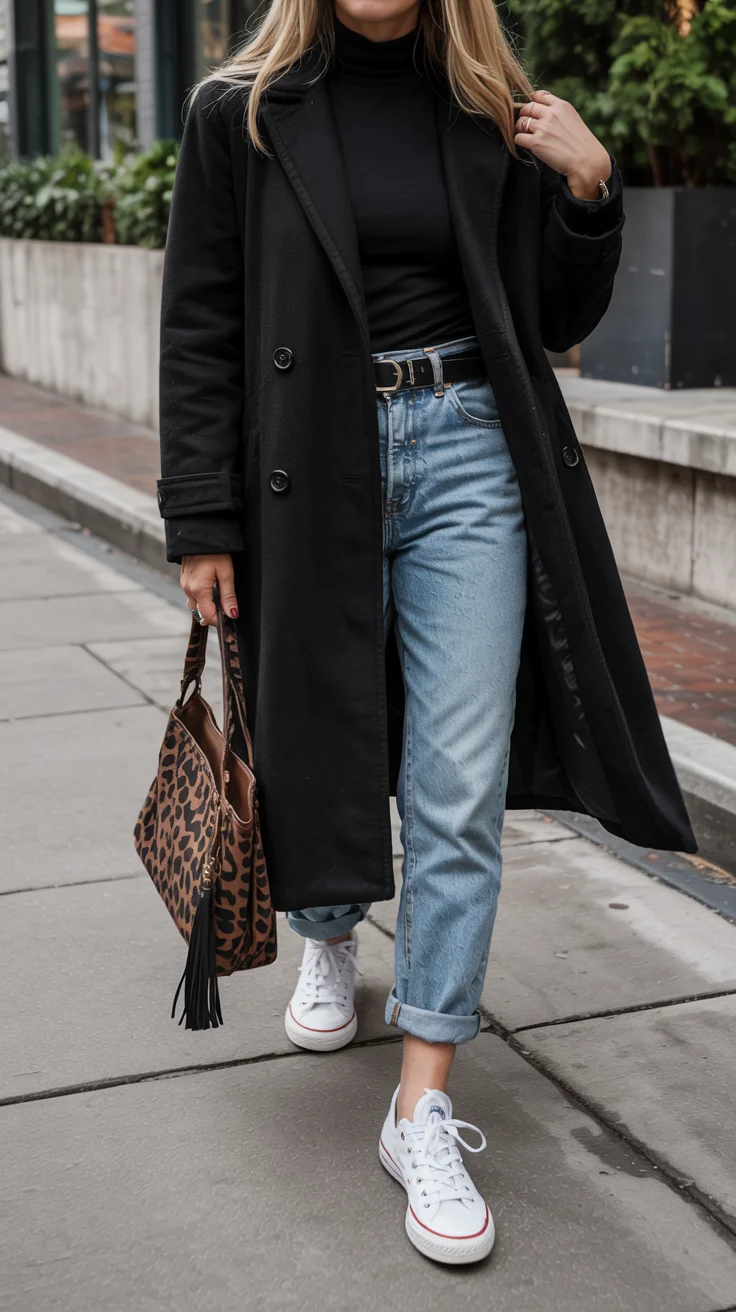 fall outfits for women in 30s style 2026 black coat denim and leopard bag