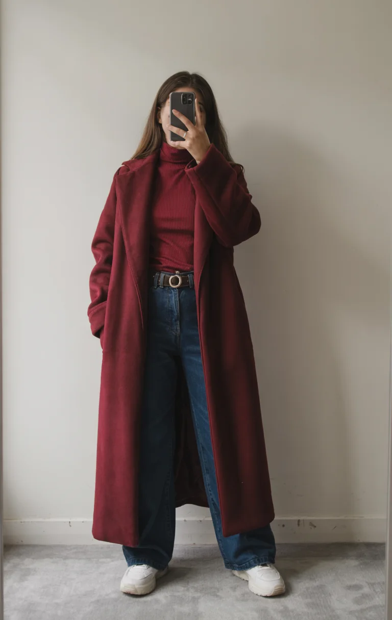 fall outfits for women in 30s style 2026 burgundy coat and wide leg jeans