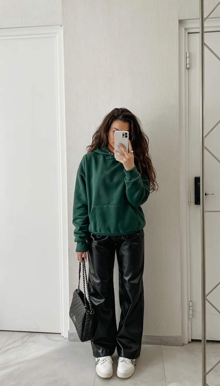fall outfits for women in 30s style 2026 green hoodie and leather trousers