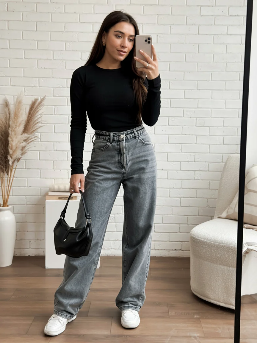 fall outfits for women in 30s style 2026 black top gray jeans street style