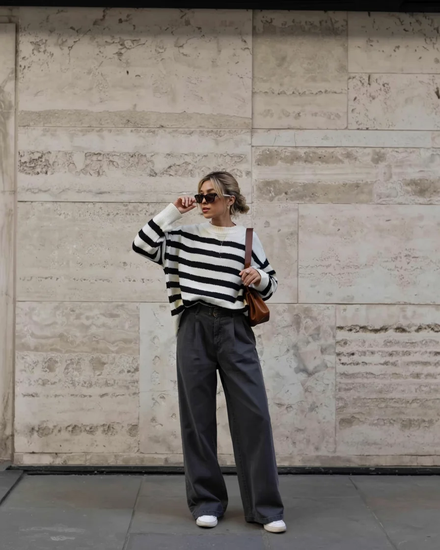 fall outfits for women in 30s style 2026 striped sweater and wide leg trousers