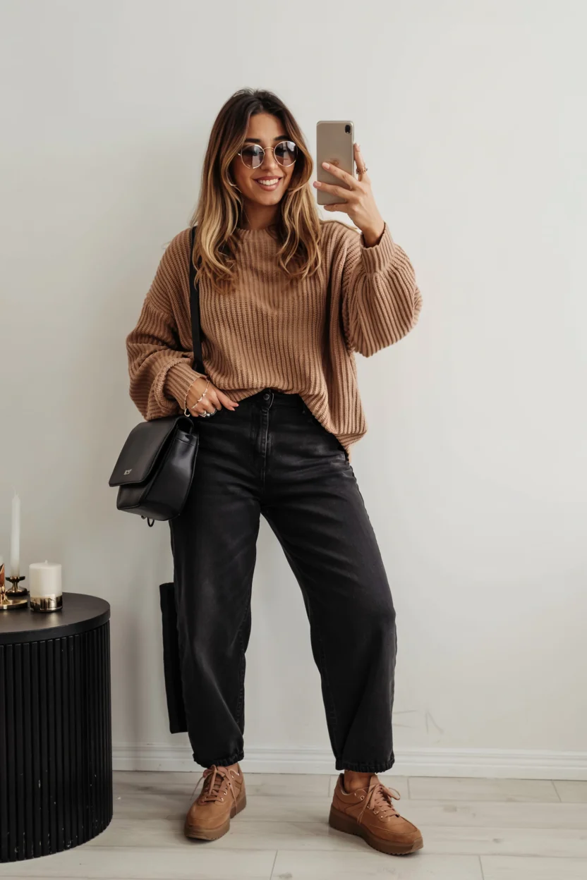 fall outfits for women in 30s style 2026 neutral sweater and black jeans