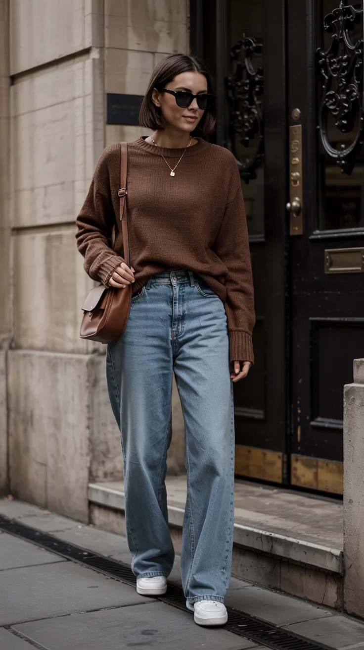 fall outfits for women in 30s style 2026 brown sweater and wide leg jeans