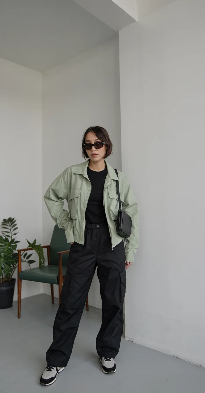 fall outfits for women in 30s style 2026 green utility jacket black cargo pants sporty look