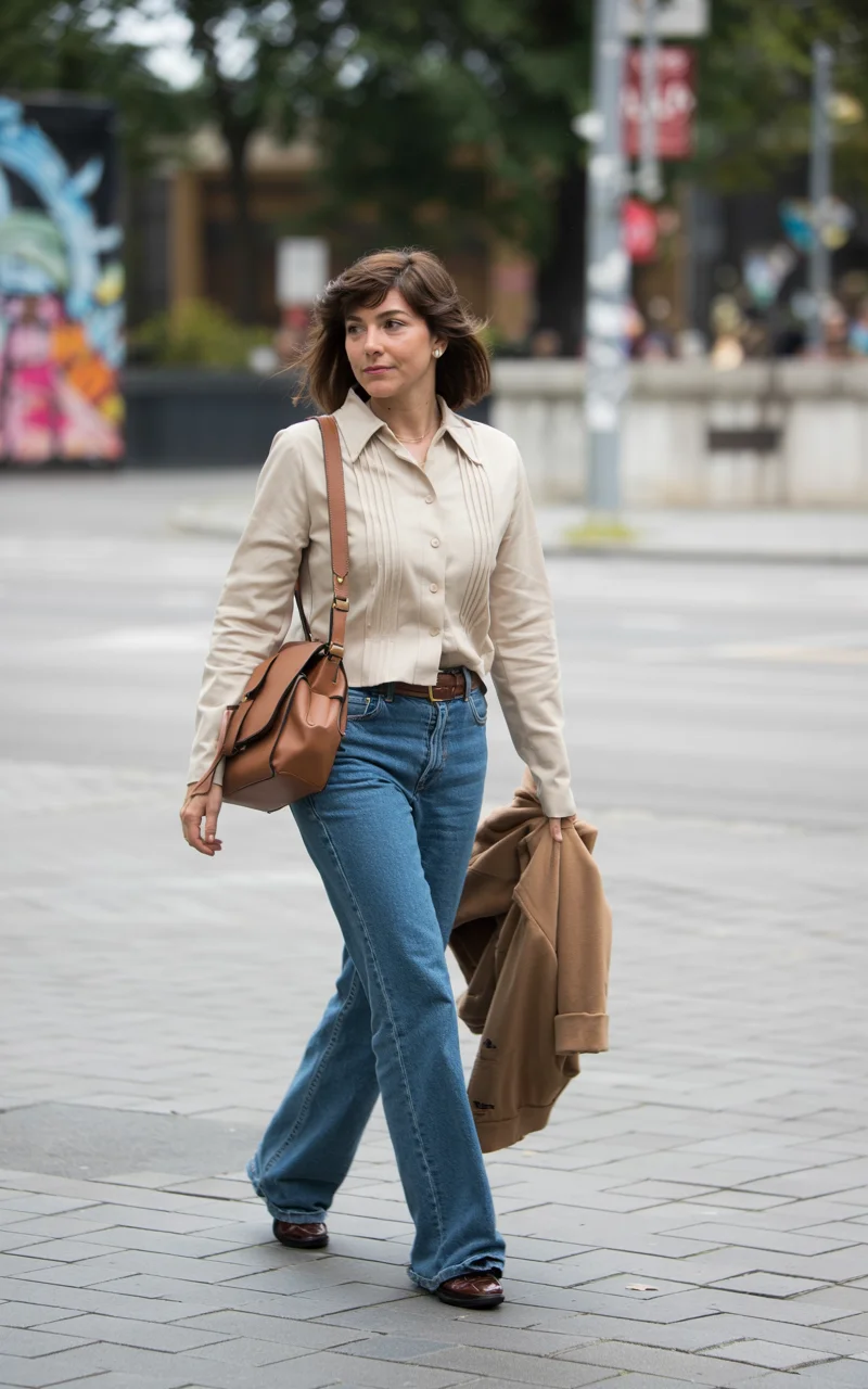 fall outfits for women in 30s style 2026 beige blouse blue jeans business casual look