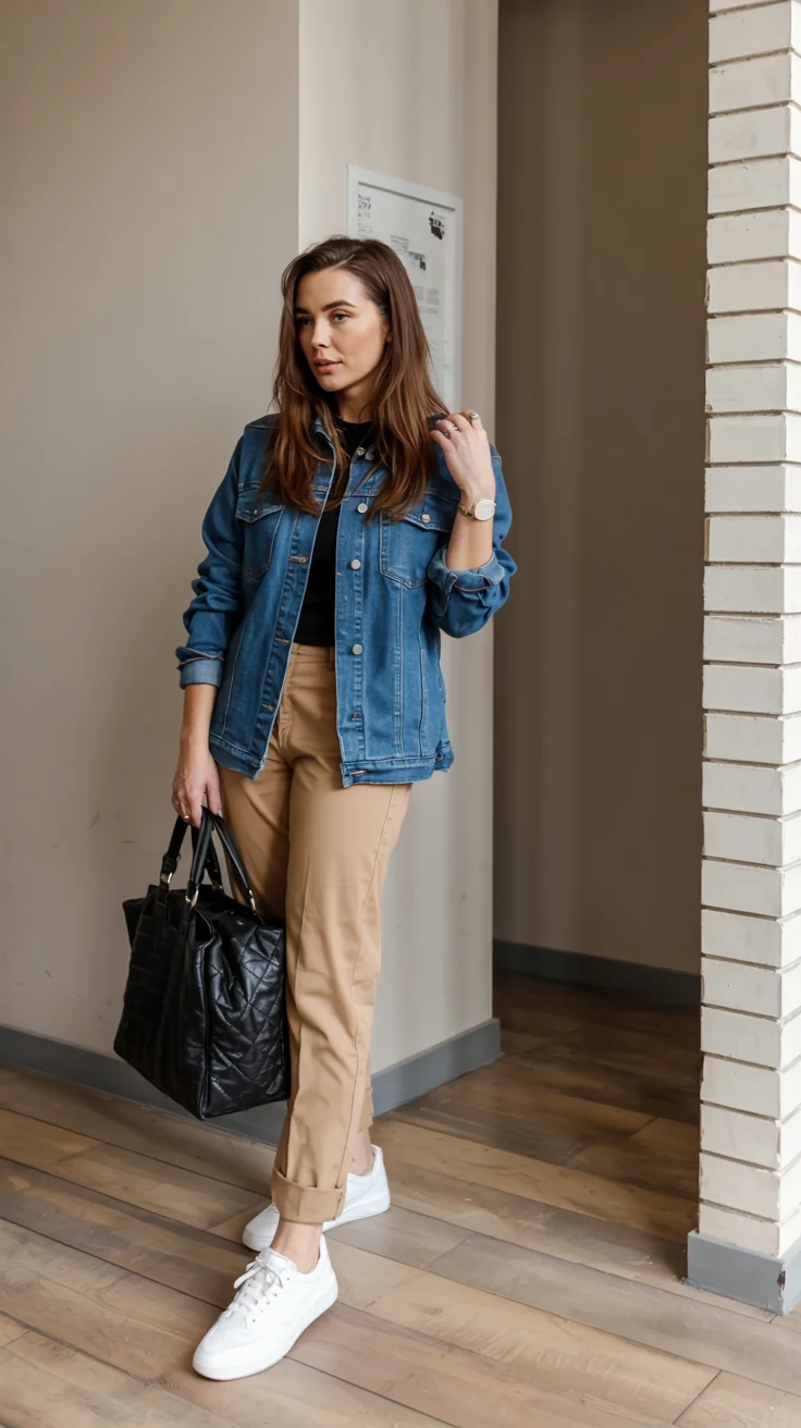 fall outfits for women in 30s style 2026 denim jacket tan trousers casual chic look