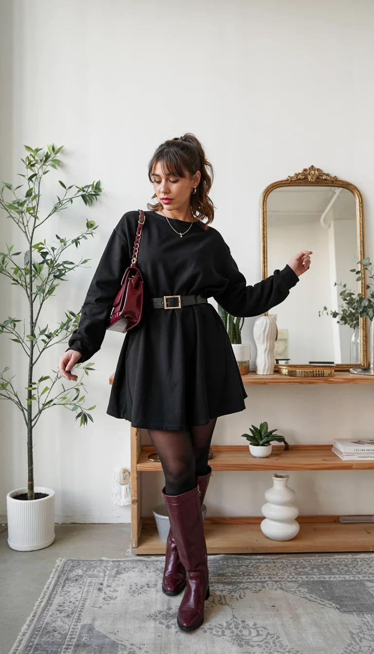 fall outfits for women in 30s style 2026 burgundy boots and black dress