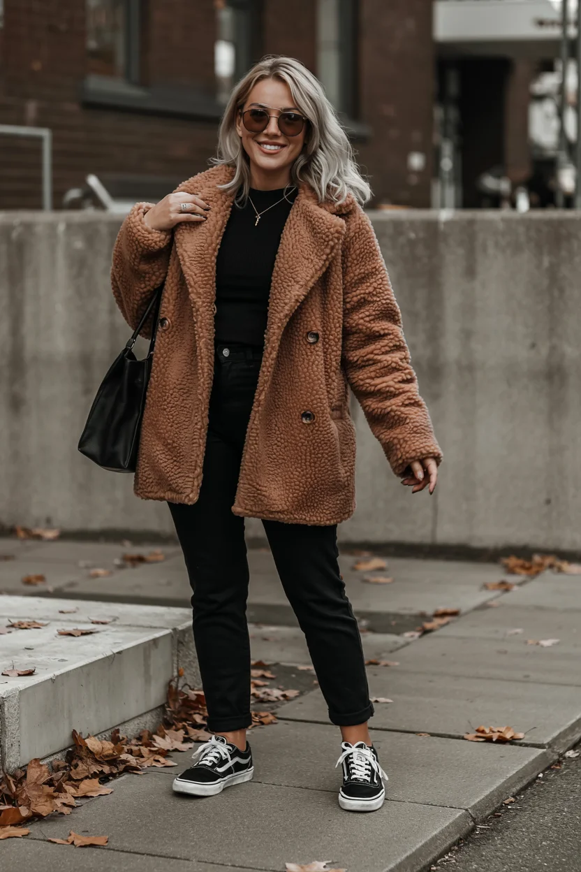 fall outfits for women in 30s style 2026 brown teddy coat casual outfit