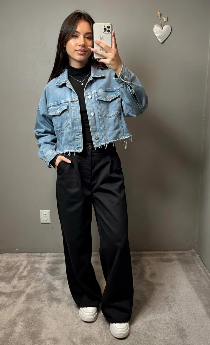 fall outfits for women in 30s style 2026 cropped denim jacket and black trousers