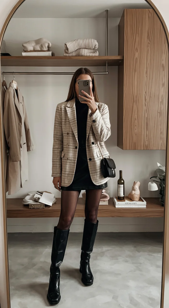 fall outfits ideas 2026 Checked Blazer And Mini Dress Elegance