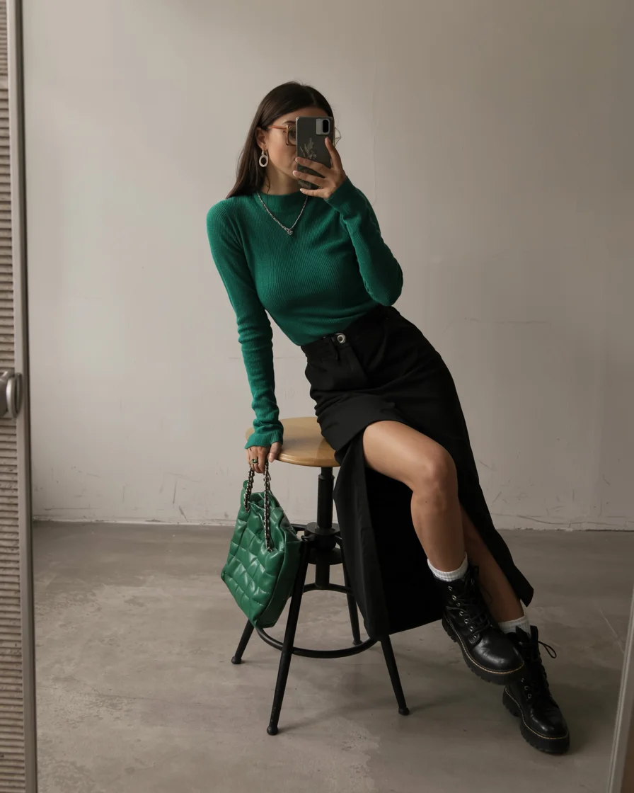 fall outfits ideas 2026 Emerald And Black With A Modern Slit