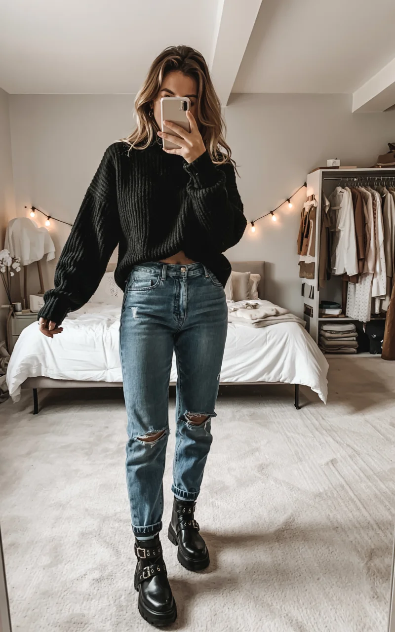 fall outfits ideas 2026 Cozy Black Knit With Relaxed Denim