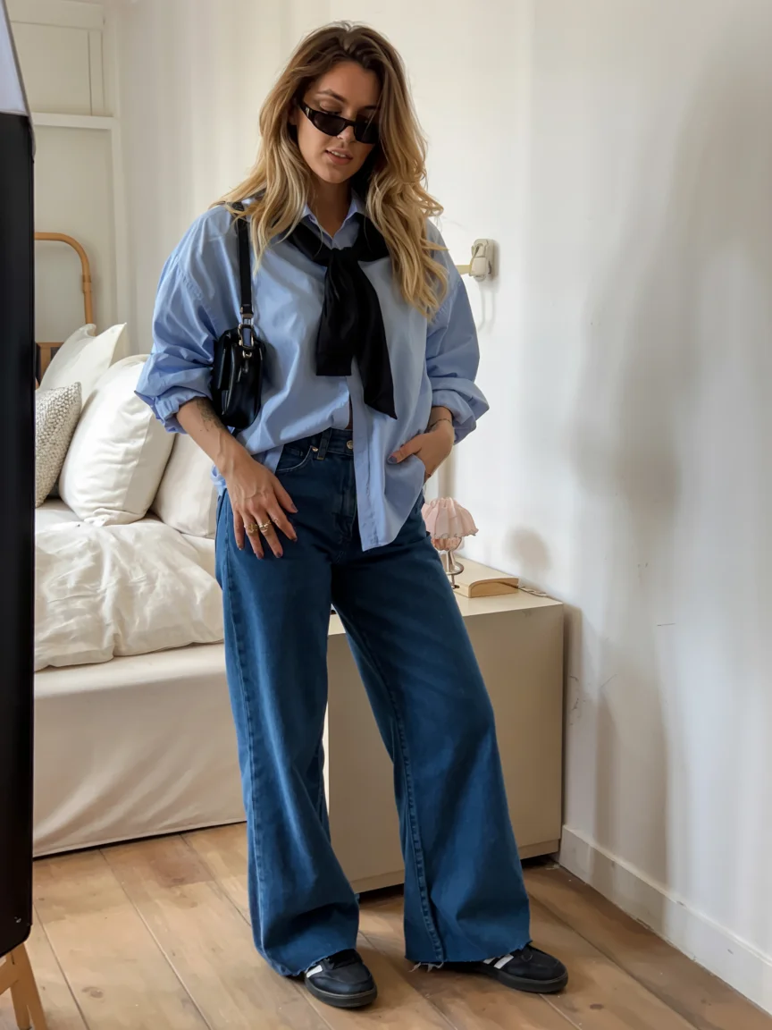 Fall outfits with pants 2026 Blue Shirt and Relaxed Denim for a Quiet Workday