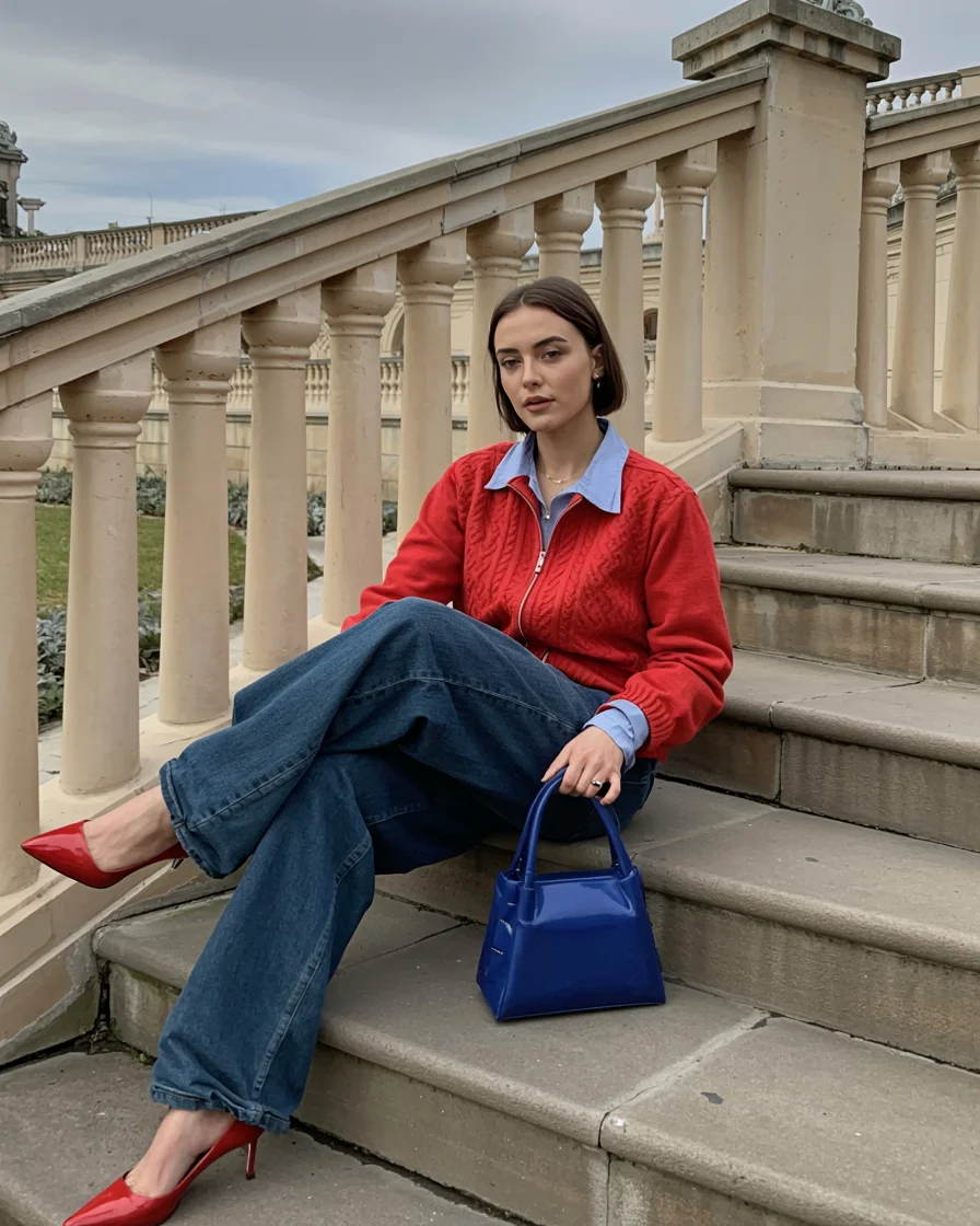 Fall outfits with pants 2026 Bold Color Pairing with Wide Leg Pants and Statement Accessories
