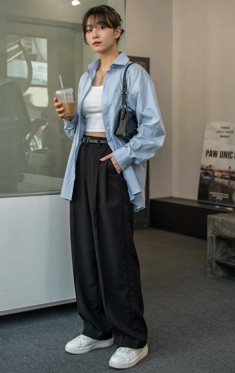 Fall outfits with pants 2026 Light Blue Shirt and Black Wide Leg Trousers for Modern Office Style