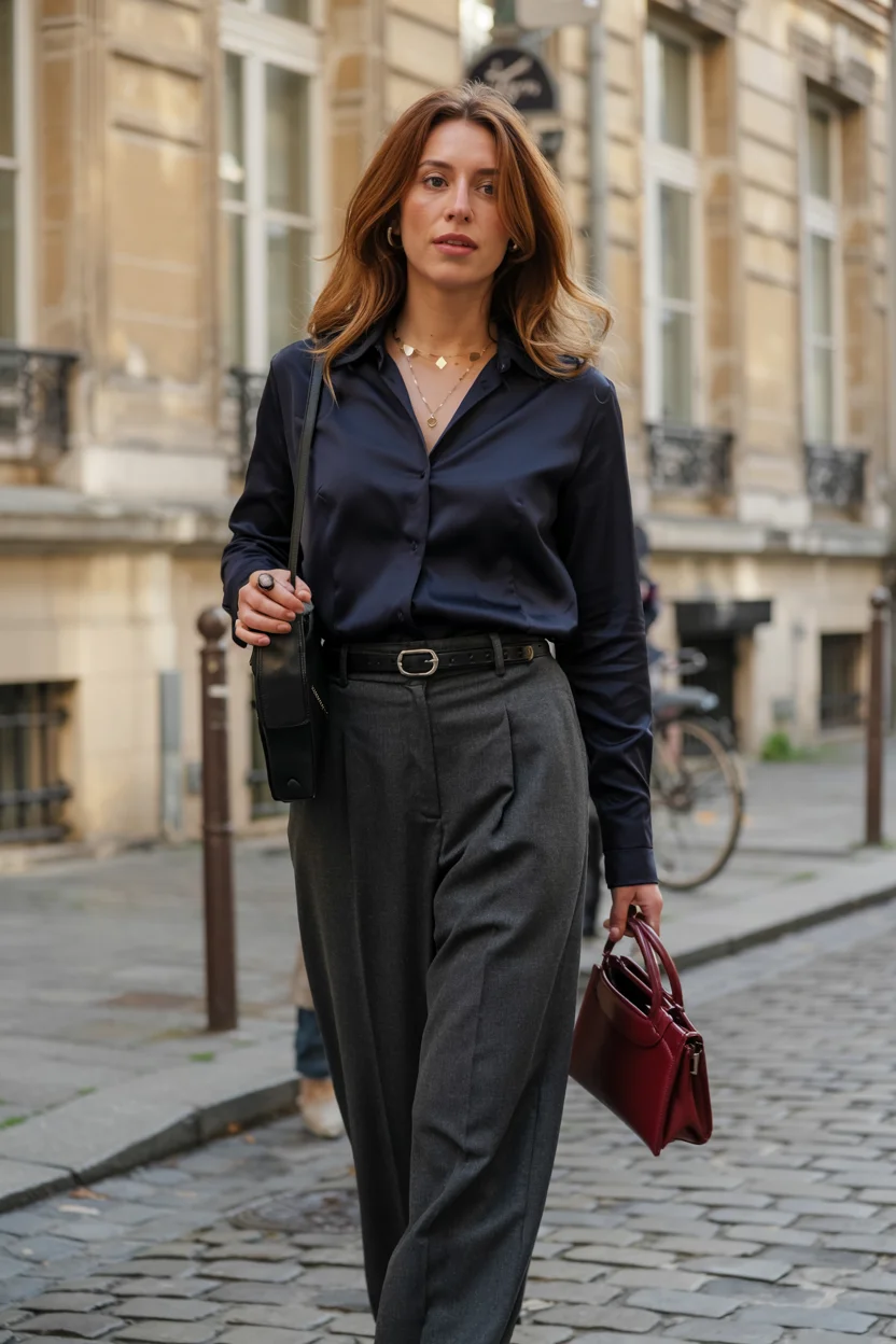 Fall outfits with pants 2026 Dark Satin Shirt and Charcoal Pants for Sophisticated City Style
