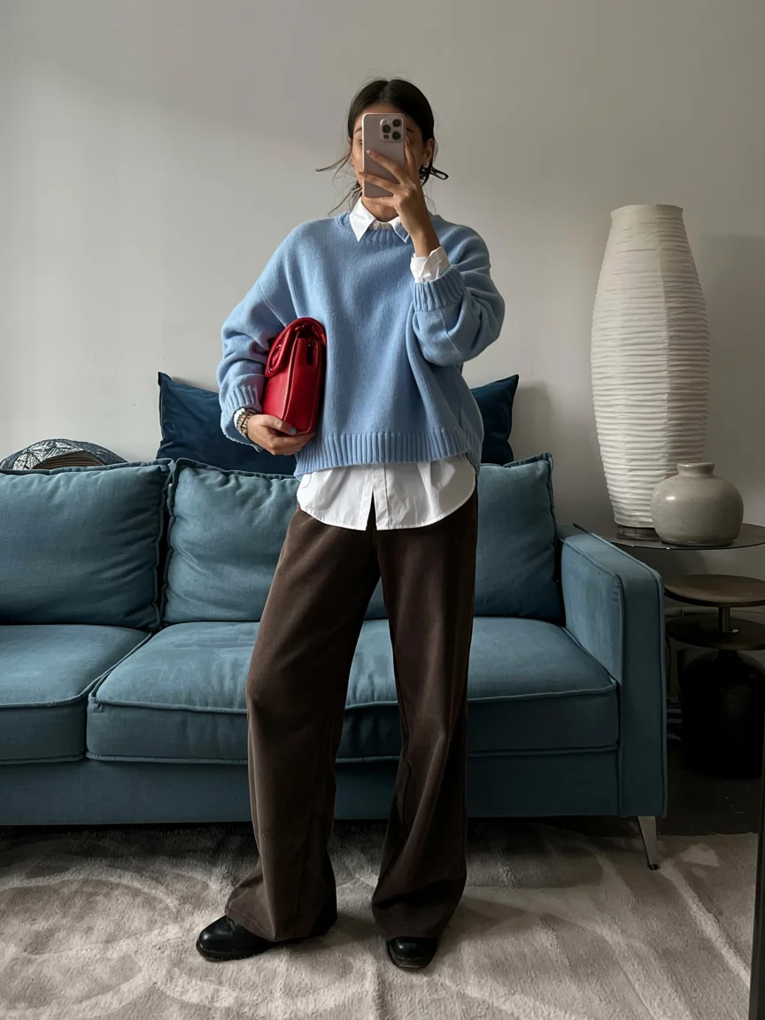 Fall outfits with pants 2026 Powder Blue Sweater and Brown Wide Leg Pants with Cozy Elegance