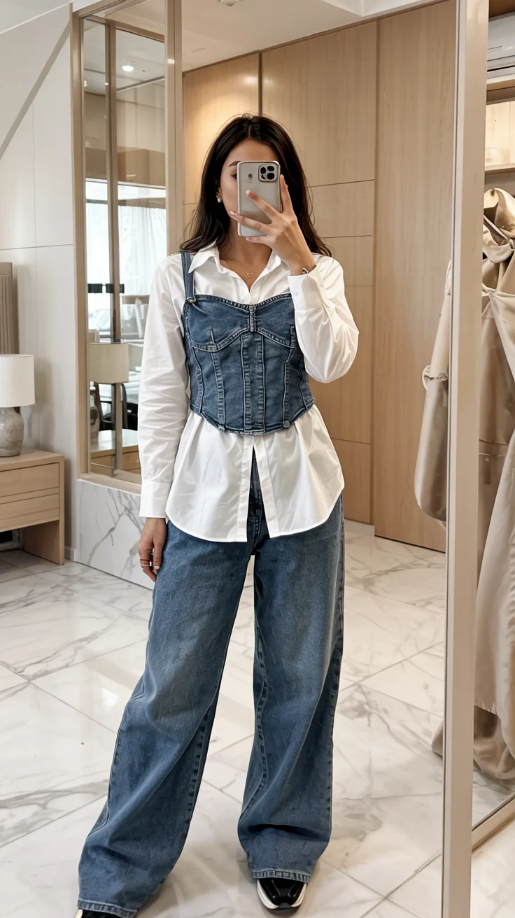 Fall outfits with pants 2026 Denim Corset Layering with Relaxed Wide Leg Jeans