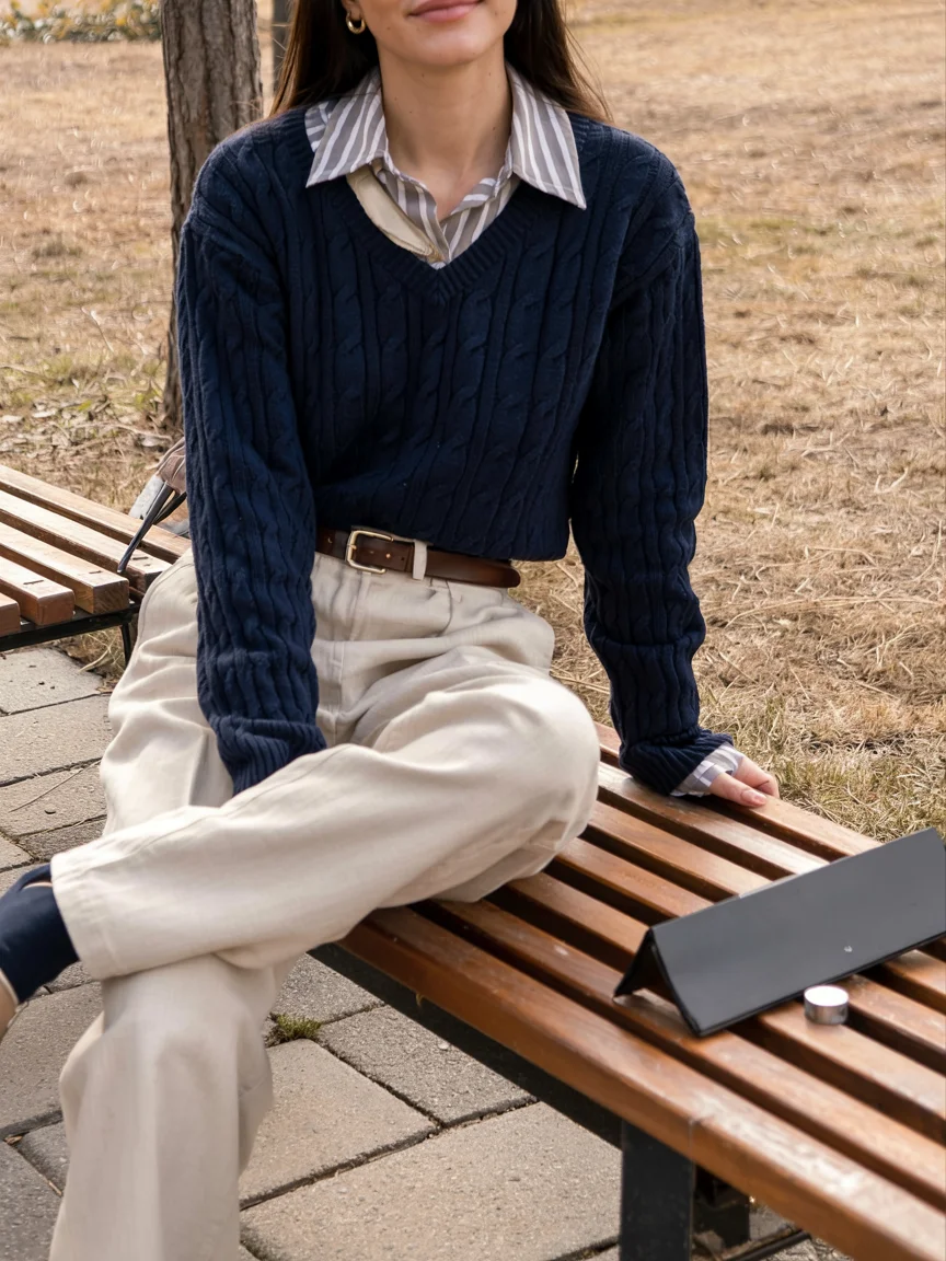 Fall outfits with pants 2026 Navy Cable Knit Sweater and Cream Trousers for Cozy Autumn Days