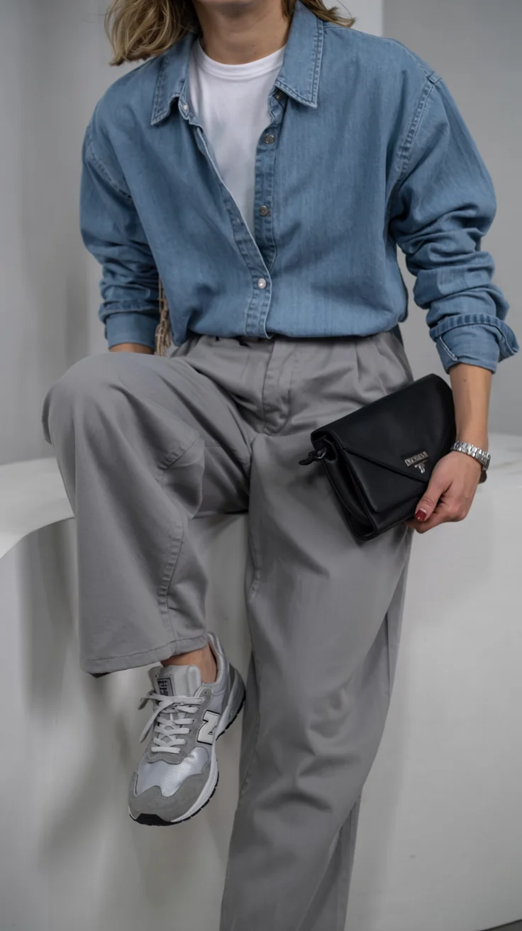 Fall outfits with pants 2026 Light Denim Shirt and Gray Wide Leg Pants with Minimalist Appeal