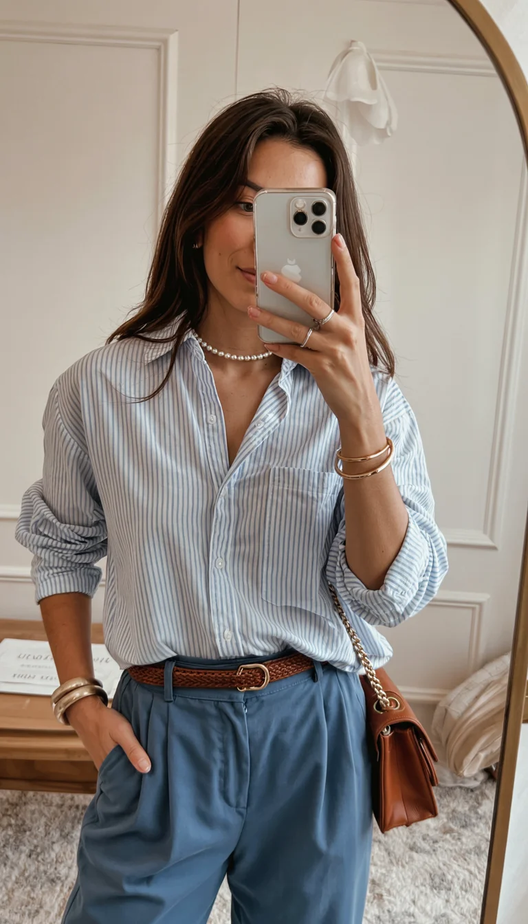 Fall outfits with pants 2026 Striped Shirt and Tailored Trousers with a Soft Fall Mood