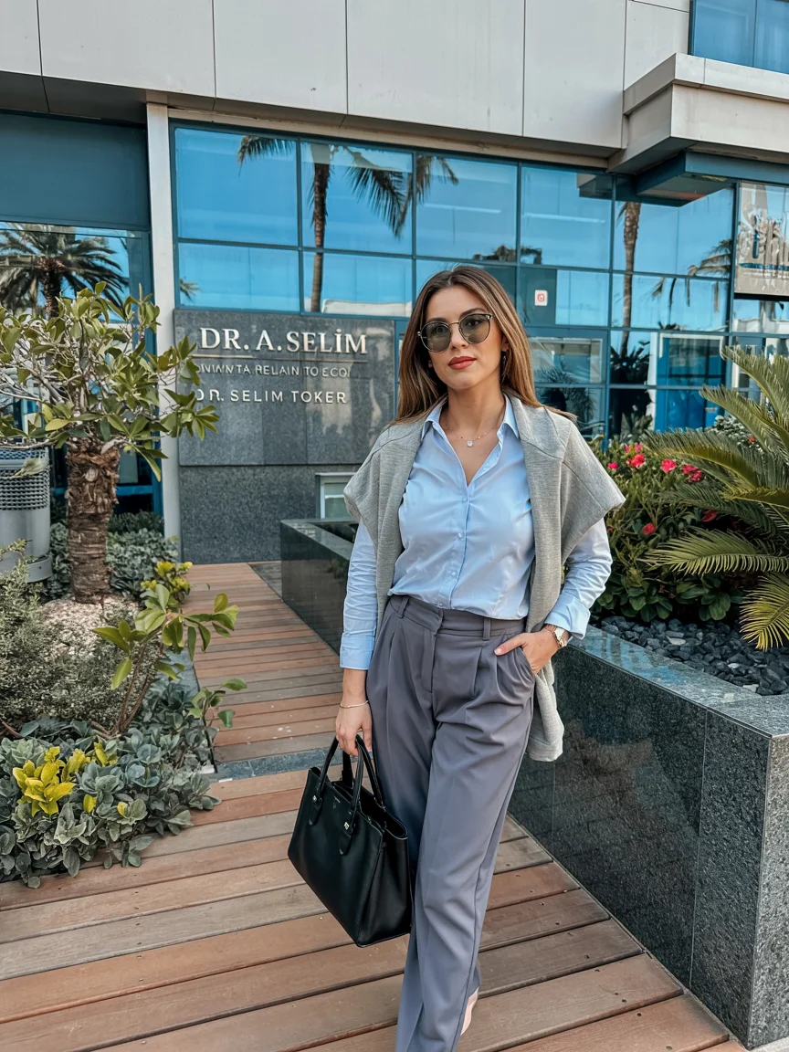 Fall outfits with pants 2026 Light Blue Shirt and Gray Trousers for Polished Business Casual Dressing