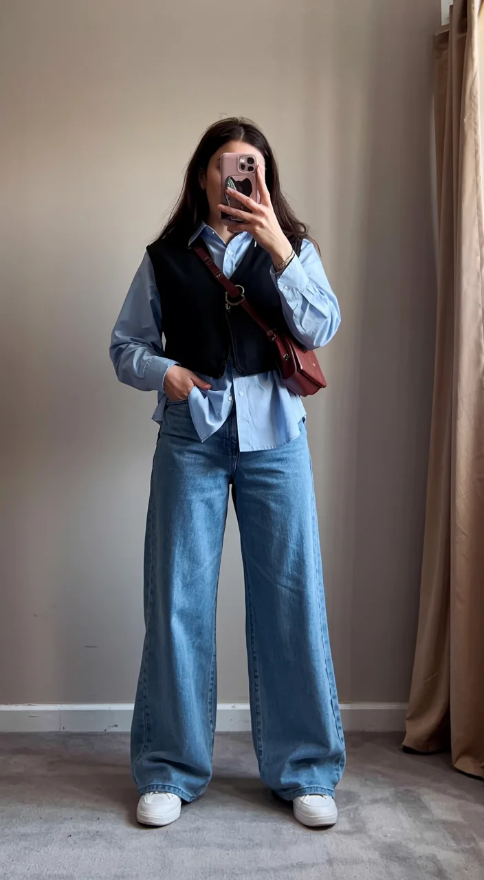 Fall outfits with pants 2026 Layered Vest Styling with Wide Leg Jeans and Soft Blue Shirt