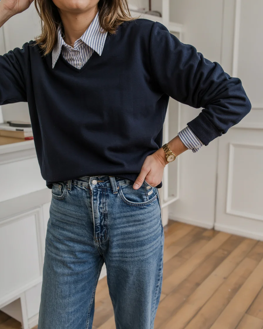 Fall outfits with pants 2026 Navy Sweater and Striped Shirt for Timeless Autumn Style
