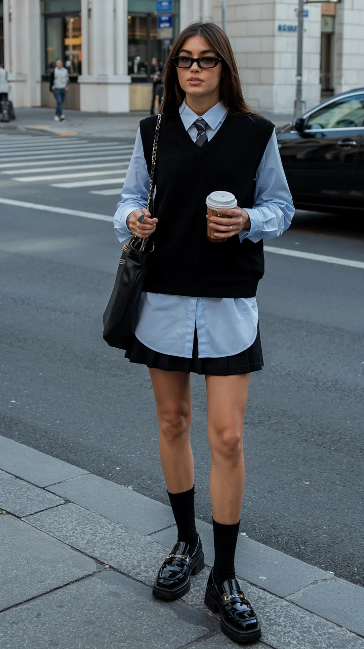 Fall outfits with pants 2026 Preppy Layers with a Skirted Edge