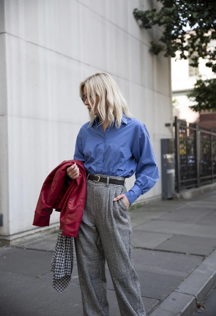Fall outfits with pants 2026 Wide Leg Plaid Trousers with Clean White Shirt Energy