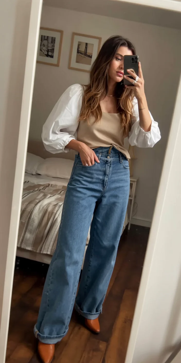 Fall outfits with pants 2026 Soft Neutrals and Wide Leg Jeans with Feminine Balance