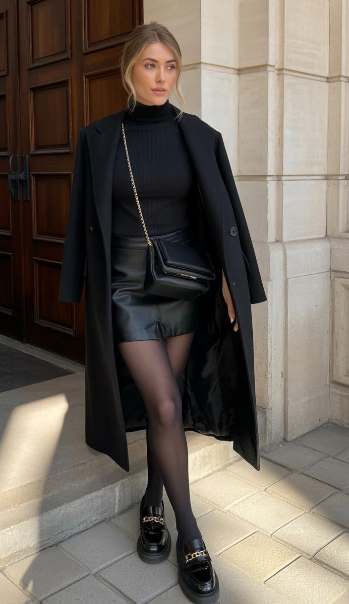 fall outfits with coat 2026 Black Leather and Tailored Confidence