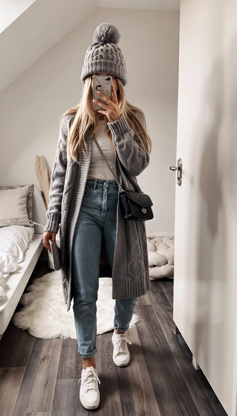 fall outfits with jeans 2026 Layered Grey Knit for Chilly Mornings